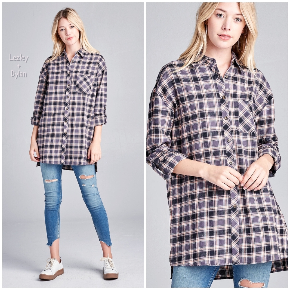 Casual Chic Oversized Gray Tunic Flannel Top